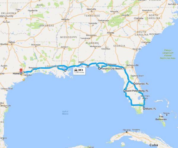 карта путешестви по техасу и флориде